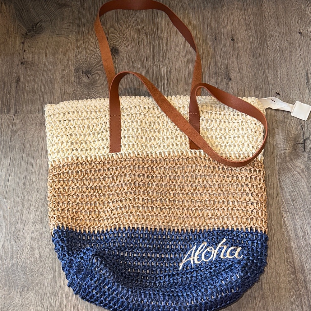 Aloha Woven Straw Tote Bag - Blue and Tan